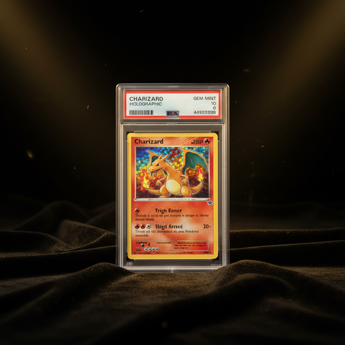 Graded Pokémon Charizard card in PSA slab on black velvet with gold lighting